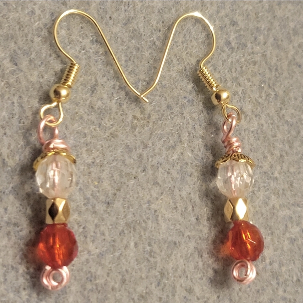 Gold, Rose Gold, Red, and Clear Bead Dangle Earrings